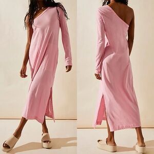 Free People‎ Evangeline Pink One Arm Midi Dress Size XS Cotton Silk Boho Slit
